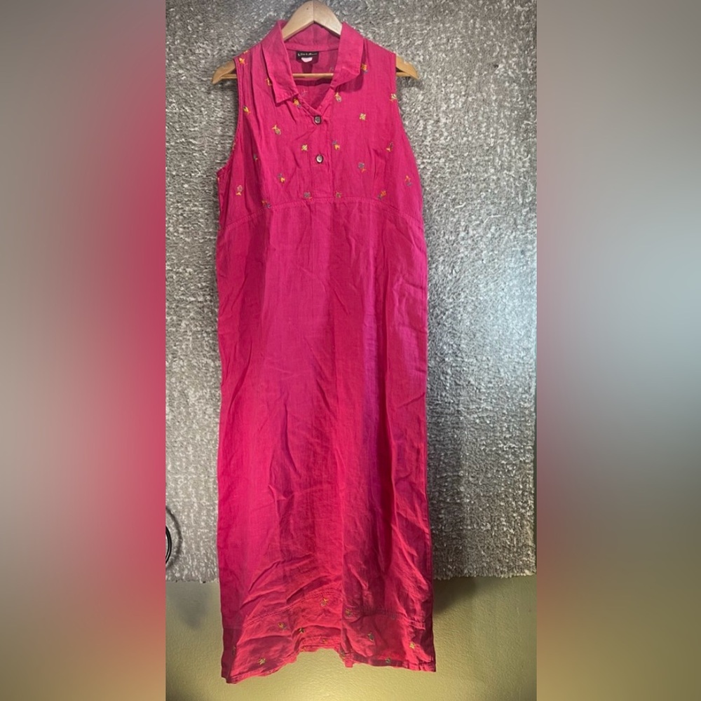 Maxi Linen Polo Dress M Pink Fish Print Coastal Vacation USA Made By Liz‎ & Jane